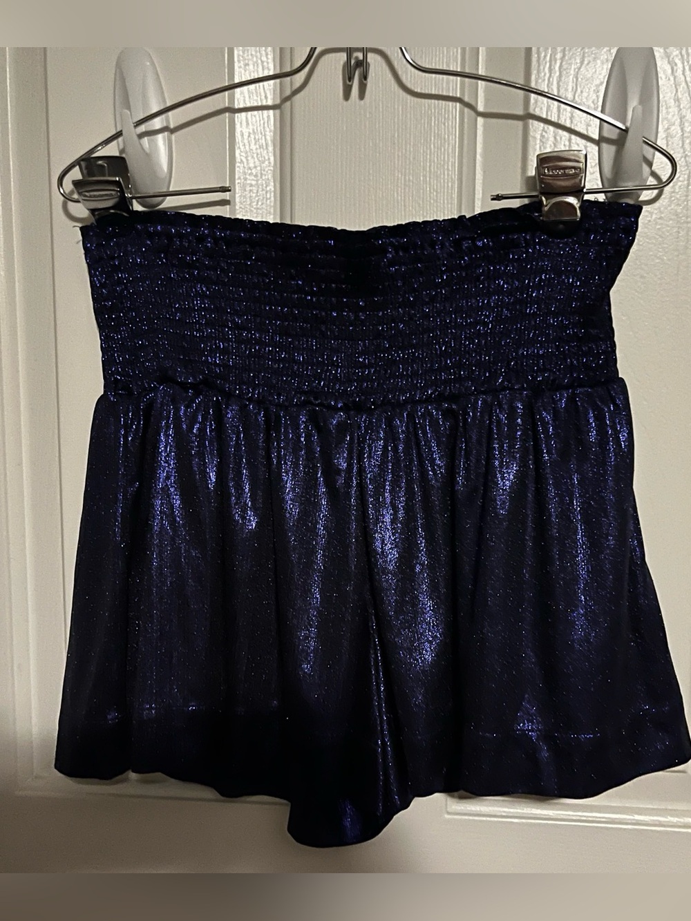 purple metallic flowy smocked waist shorts